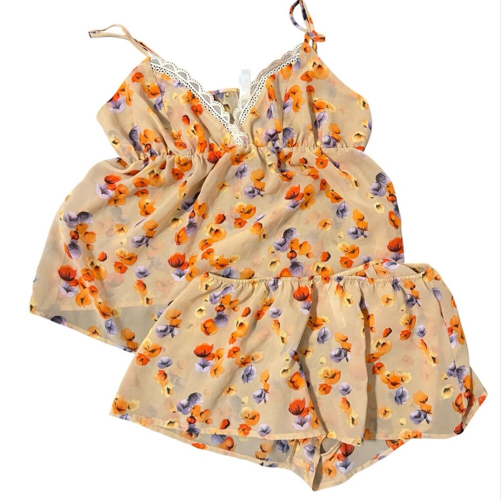 Gilligan O'Malley Womens Floral Semi Sheer Cami Tank & Short Small Beige Orange
